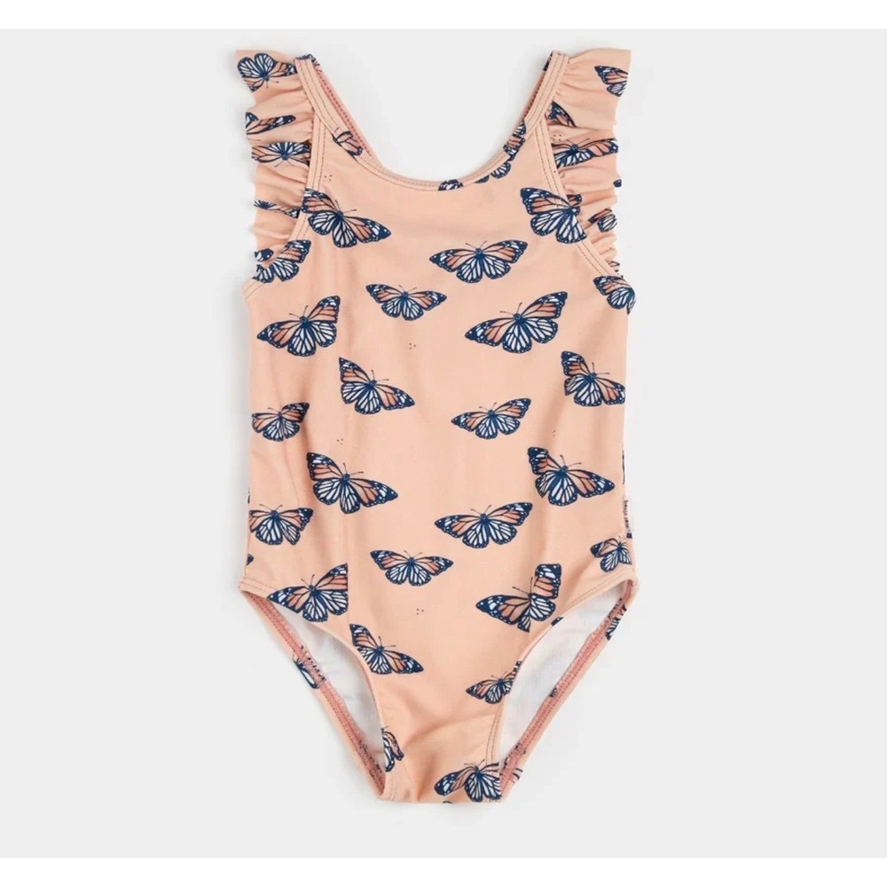 Petit Lem Girls Butterfly Print Ruffle One Piece Swimsuit UPF 50+ Peach 18-24M